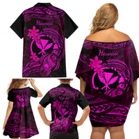Hawaii Family Matching Off Shoulder Short Dress and Hawaiian Shirt Turtle Mix Polynesian Plumeria Pink Version LT14 - Polynesian Pride