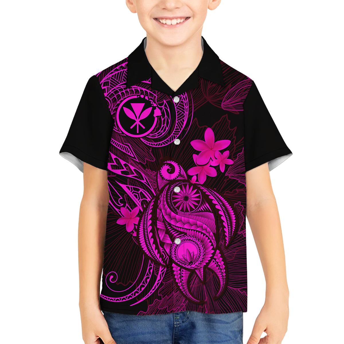 Hawaii Family Matching Off Shoulder Short Dress and Hawaiian Shirt Turtle Mix Polynesian Plumeria Pink Version LT14 Son's Shirt Pink - Polynesian Pride
