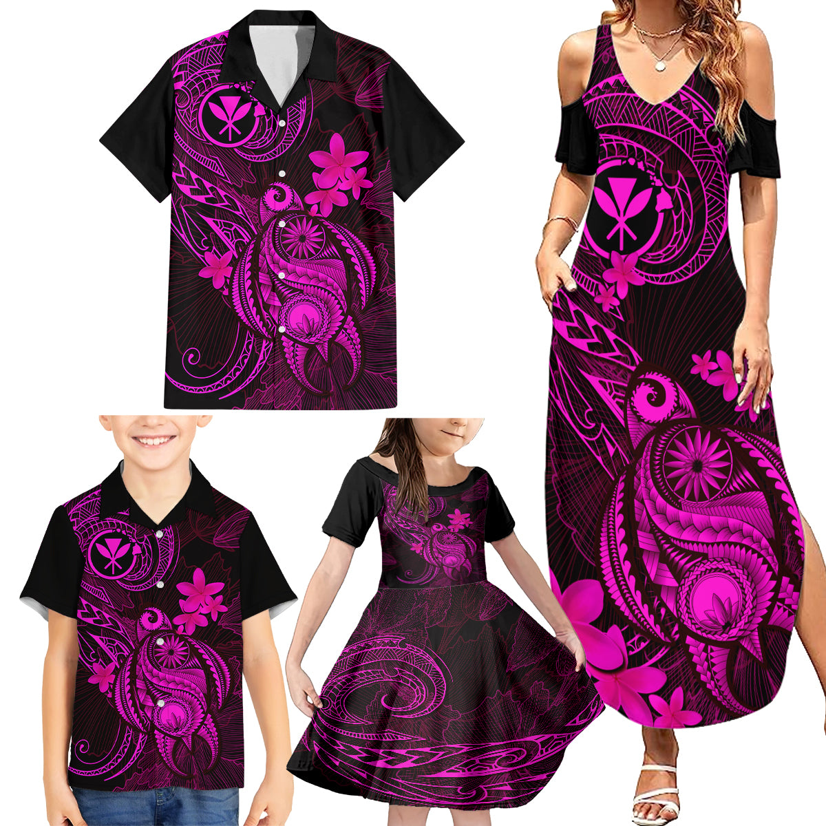 Hawaii Family Matching Summer Maxi Dress and Hawaiian Shirt Turtle Mix Polynesian Plumeria Pink Version LT14 - Polynesian Pride