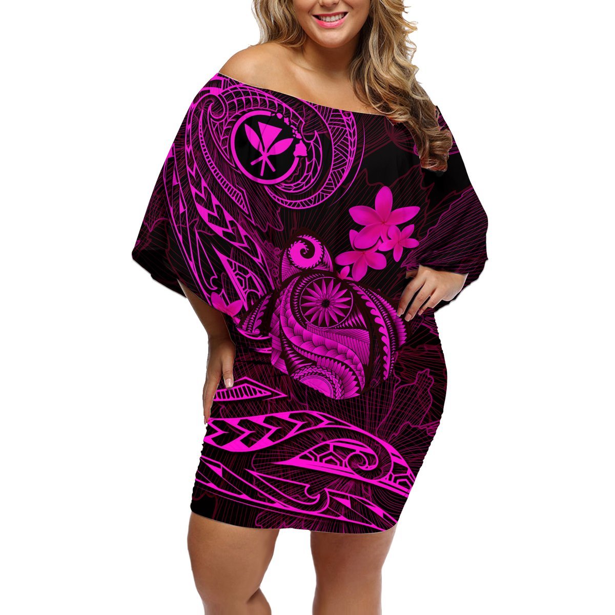 Hawaii Off Shoulder Short Dress Turtle Mix Polynesian Plumeria Pink Version LT14 Women Pink - Polynesian Pride