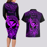 Hawaii Couples Matching Long Sleeve Bodycon Dress and Hawaiian Shirt Turtle Mix Polynesian Plumeria Purple Version LT14 - Polynesian Pride