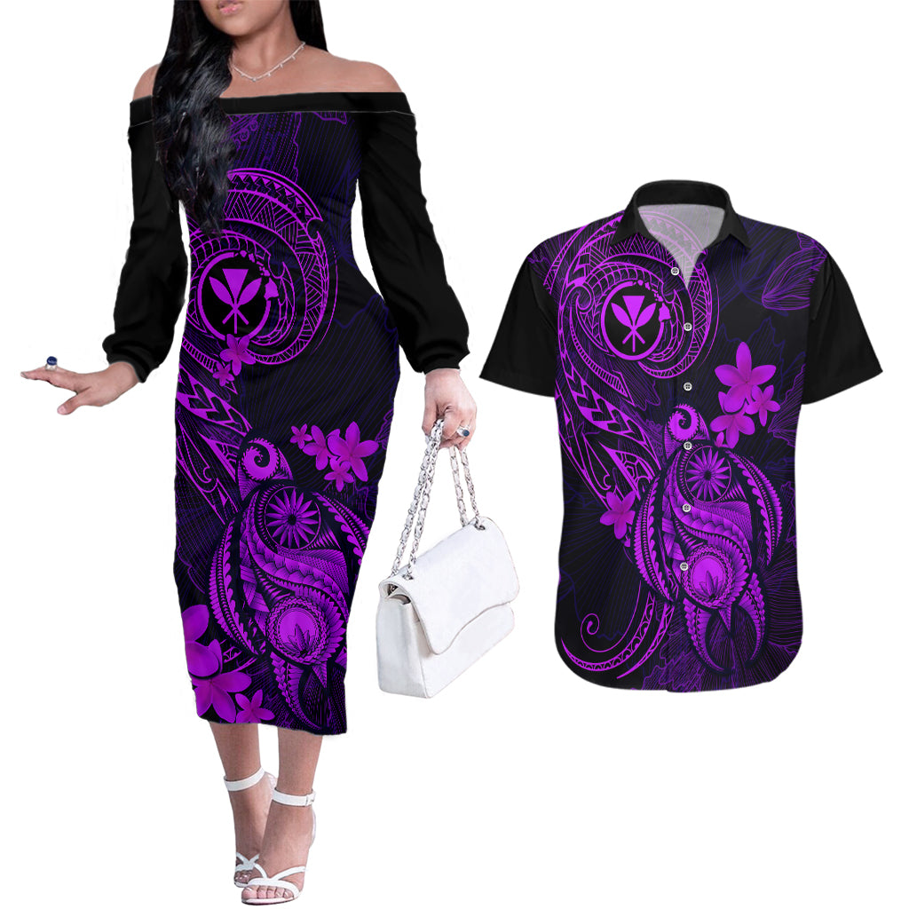 Hawaii Couples Matching Off The Shoulder Long Sleeve Dress and Hawaiian Shirt Turtle Mix Polynesian Plumeria Purple Version LT14 Purple - Polynesian Pride
