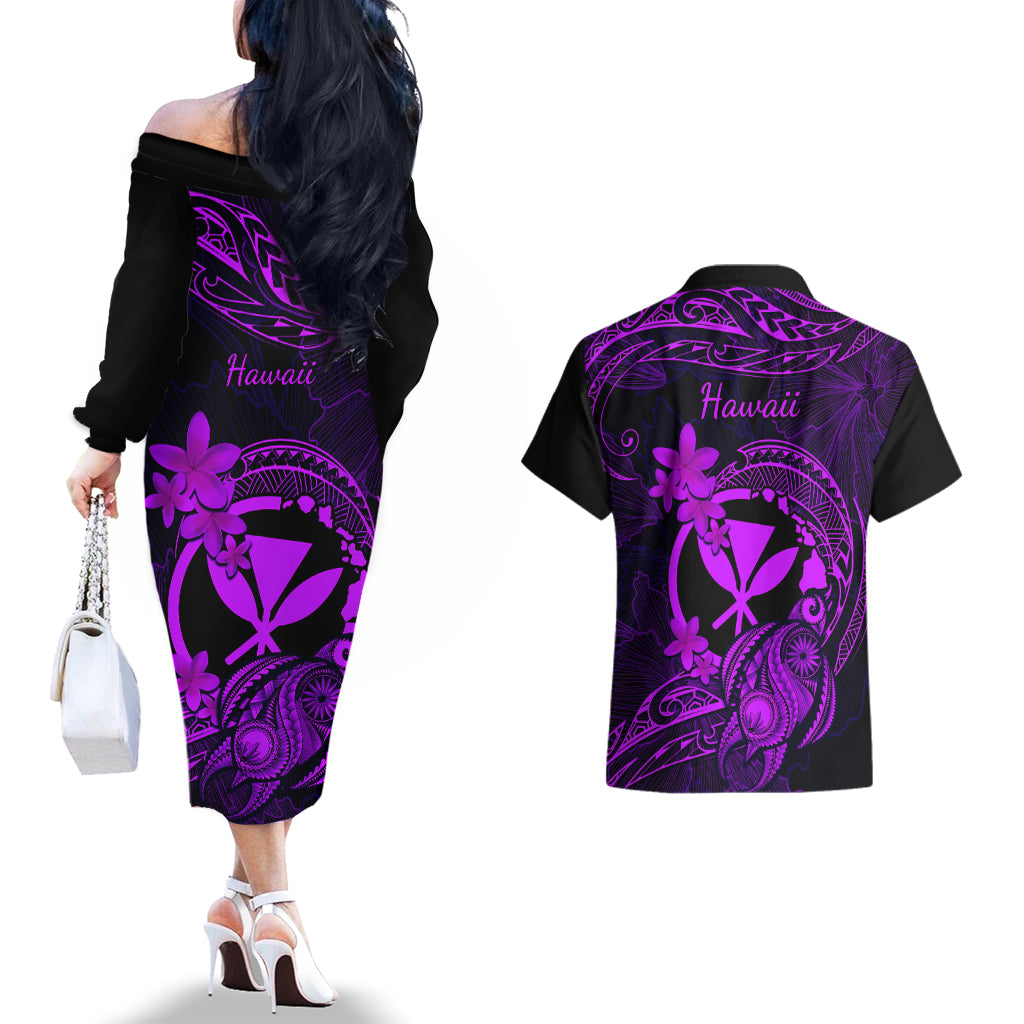Hawaii Couples Matching Off The Shoulder Long Sleeve Dress and Hawaiian Shirt Turtle Mix Polynesian Plumeria Purple Version LT14 - Polynesian Pride