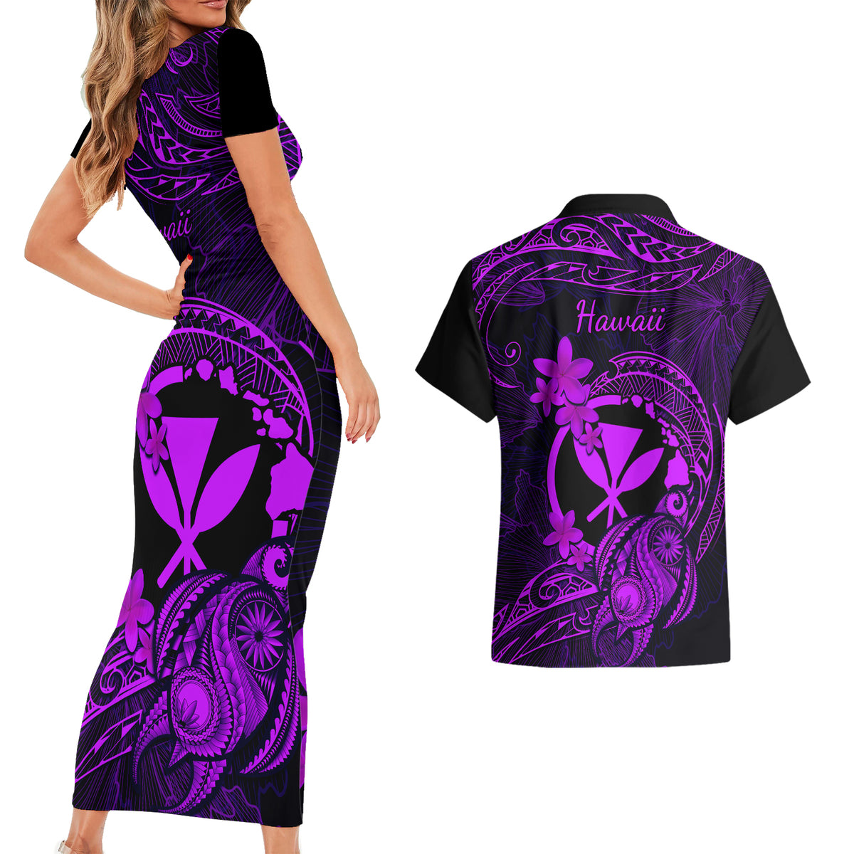 Hawaii Couples Matching Short Sleeve Bodycon Dress and Hawaiian Shirt Turtle Mix Polynesian Plumeria Purple Version LT14 - Polynesian Pride