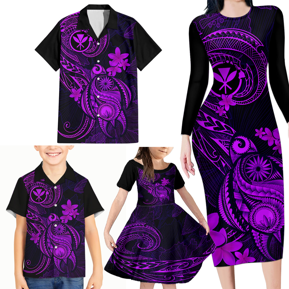 Hawaii Family Matching Long Sleeve Bodycon Dress and Hawaiian Shirt Turtle Mix Polynesian Plumeria Purple Version LT14 - Polynesian Pride