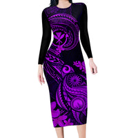 Hawaii Family Matching Long Sleeve Bodycon Dress and Hawaiian Shirt Turtle Mix Polynesian Plumeria Purple Version LT14 Mom's Dress Purple - Polynesian Pride