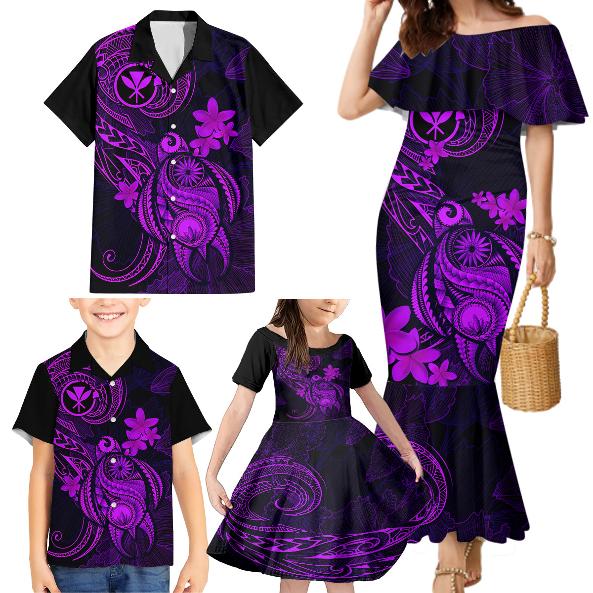 Hawaii Family Matching Mermaid Dress and Hawaiian Shirt Turtle Mix Polynesian Plumeria Purple Version LT14 - Polynesian Pride