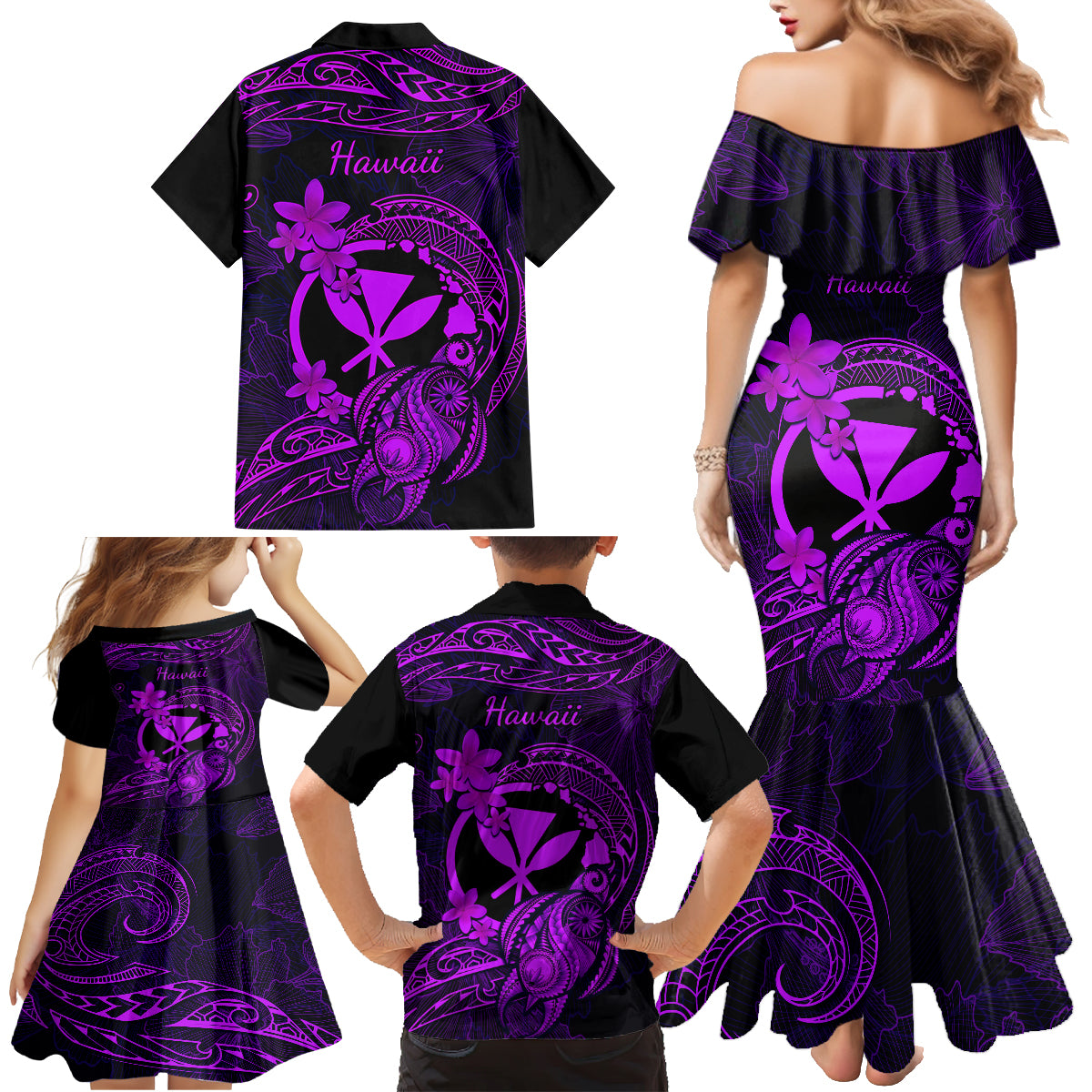Hawaii Family Matching Mermaid Dress and Hawaiian Shirt Turtle Mix Polynesian Plumeria Purple Version LT14 - Polynesian Pride