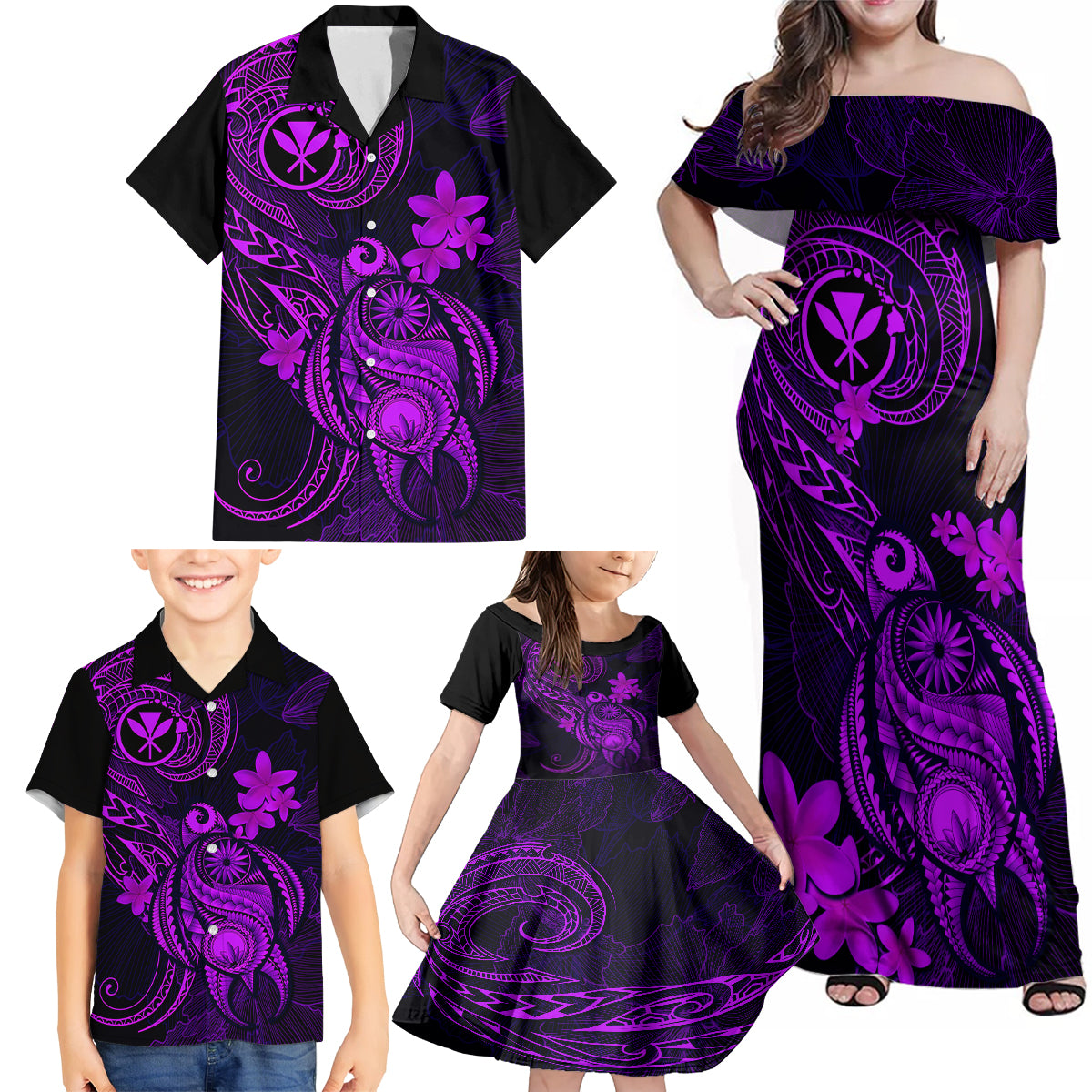 Hawaii Family Matching Off Shoulder Maxi Dress and Hawaiian Shirt Turtle Mix Polynesian Plumeria Purple Version LT14 - Polynesian Pride