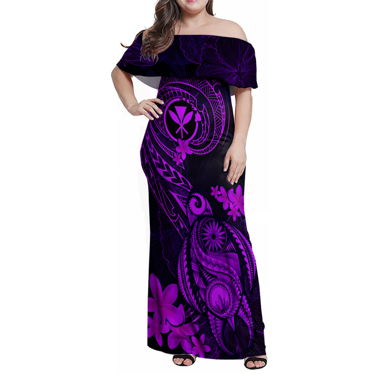 Hawaii Family Matching Off Shoulder Maxi Dress and Hawaiian Shirt Turtle Mix Polynesian Plumeria Purple Version LT14 Mom's Dress Purple - Polynesian Pride