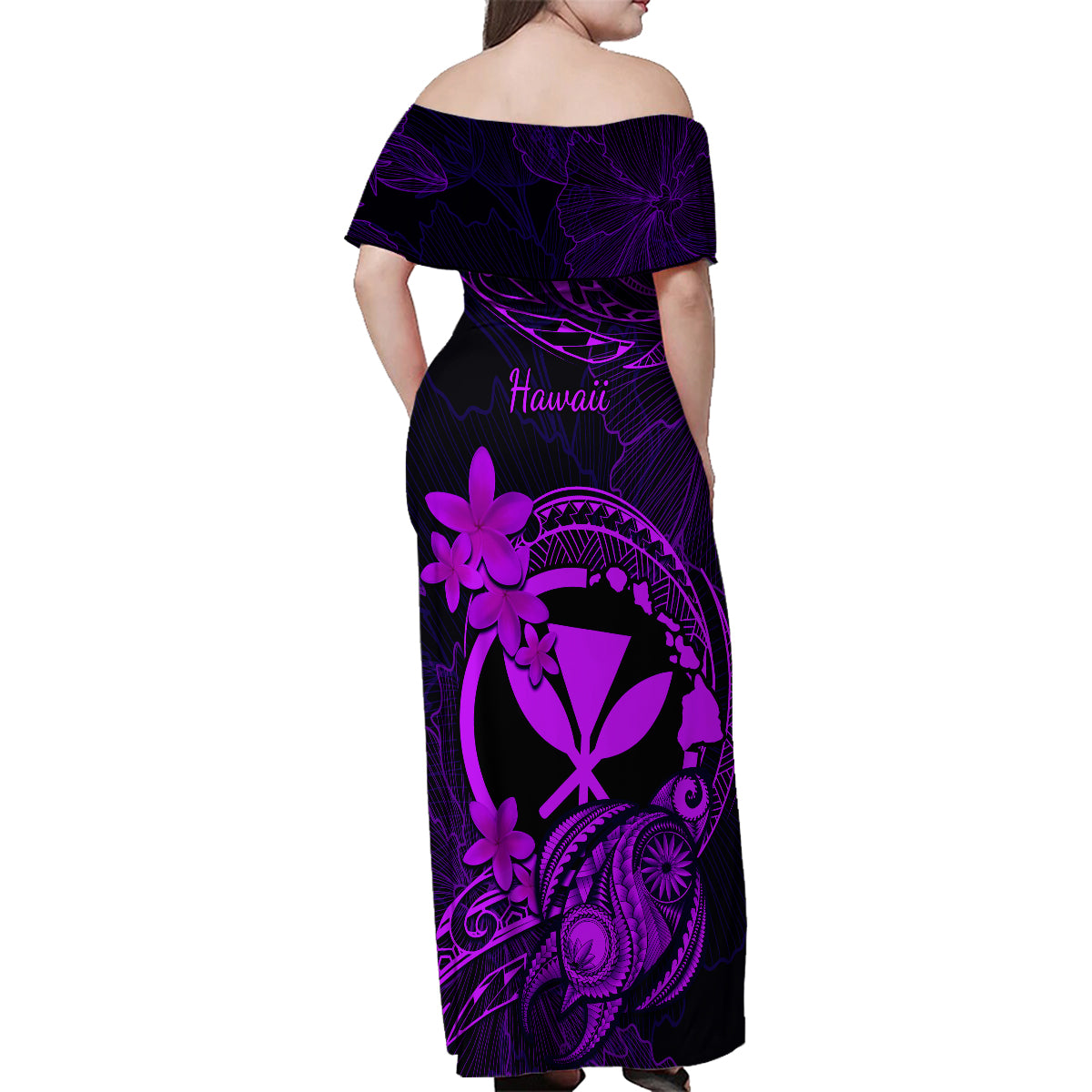Hawaii Family Matching Off Shoulder Maxi Dress and Hawaiian Shirt Turtle Mix Polynesian Plumeria Purple Version LT14 - Polynesian Pride