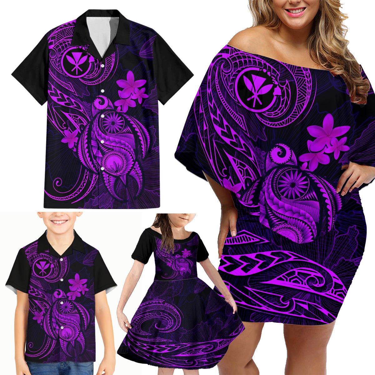 Hawaii Family Matching Off Shoulder Short Dress and Hawaiian Shirt Turtle Mix Polynesian Plumeria Purple Version LT14 - Polynesian Pride