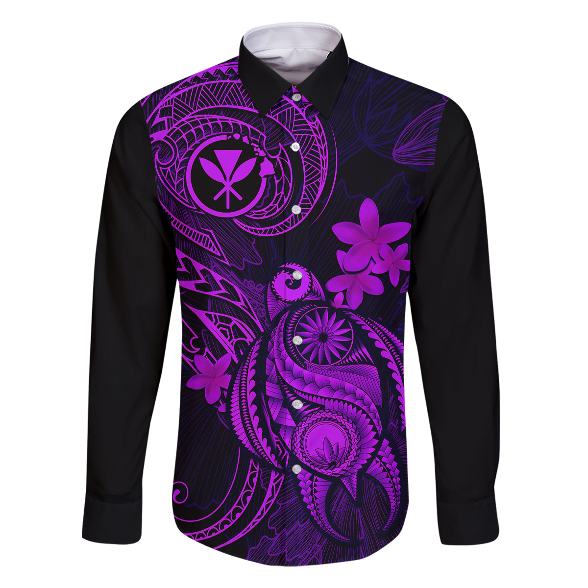 Hawaii Family Matching Off Shoulder Short Dress and Hawaiian Shirt Turtle Mix Polynesian Plumeria Purple Version LT14 Dad's Shirt - Long Sleeve Purple - Polynesian Pride