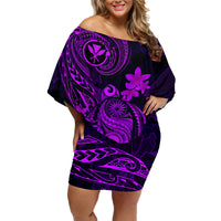 Hawaii Family Matching Off Shoulder Short Dress and Hawaiian Shirt Turtle Mix Polynesian Plumeria Purple Version LT14 Mom's Dress Purple - Polynesian Pride