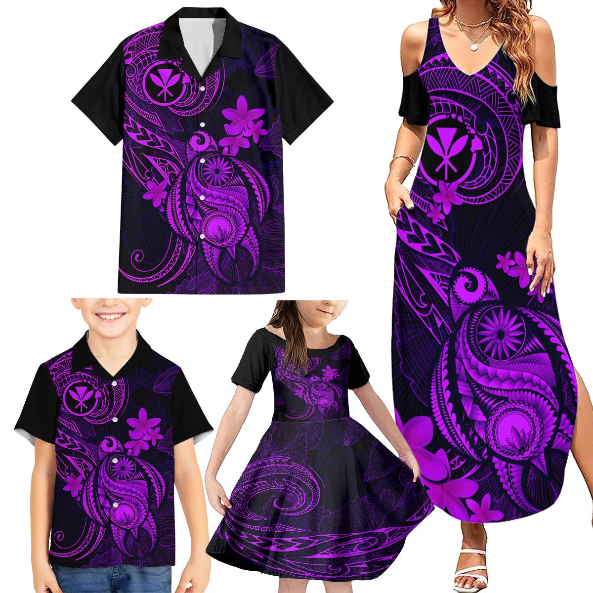 Hawaii Family Matching Summer Maxi Dress and Hawaiian Shirt Turtle Mix Polynesian Plumeria Purple Version LT14 - Polynesian Pride