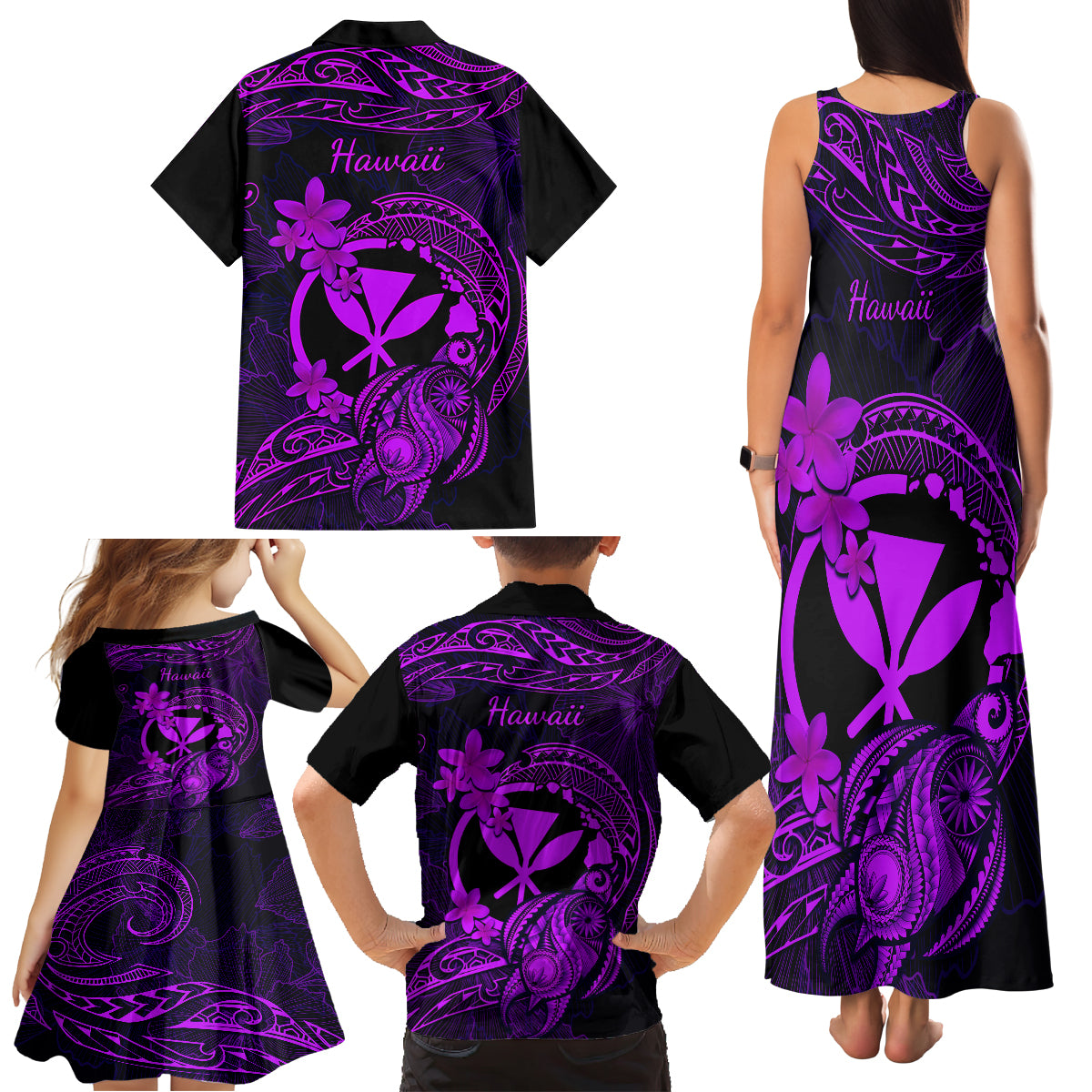 Hawaii Family Matching Tank Maxi Dress and Hawaiian Shirt Turtle Mix Polynesian Plumeria Purple Version LT14 - Polynesian Pride