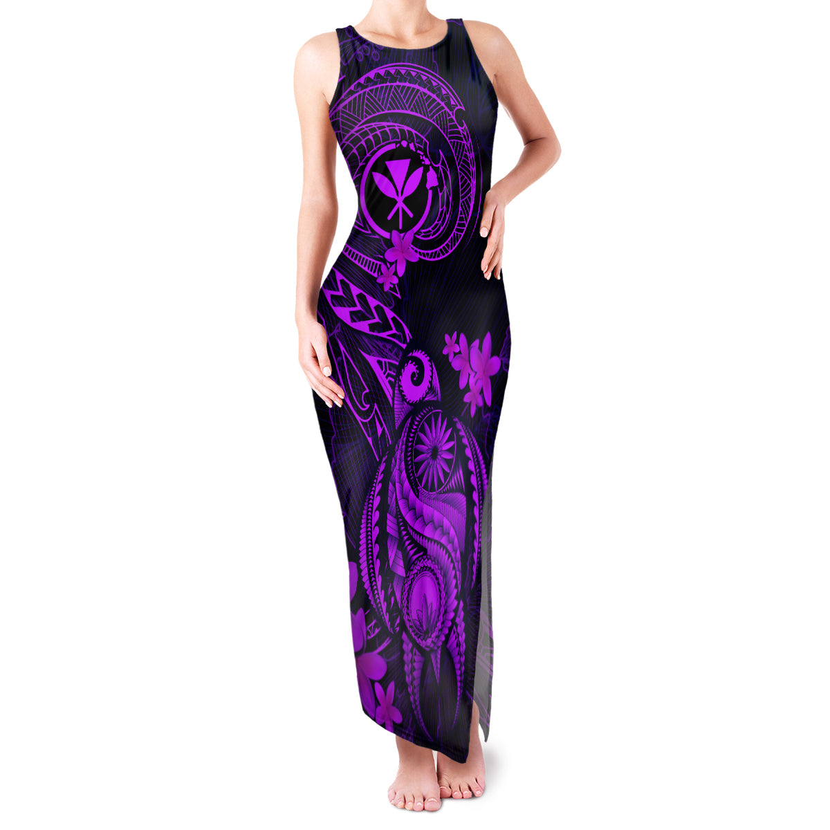 Hawaii Family Matching Tank Maxi Dress and Hawaiian Shirt Turtle Mix Polynesian Plumeria Purple Version LT14 Mom's Dress Purple - Polynesian Pride