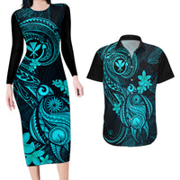 Hawaii Couples Matching Long Sleeve Bodycon Dress and Hawaiian Shirt Turtle Mix Polynesian Plumeria Turquoise Version LT14 Turquoise - Polynesian Pride