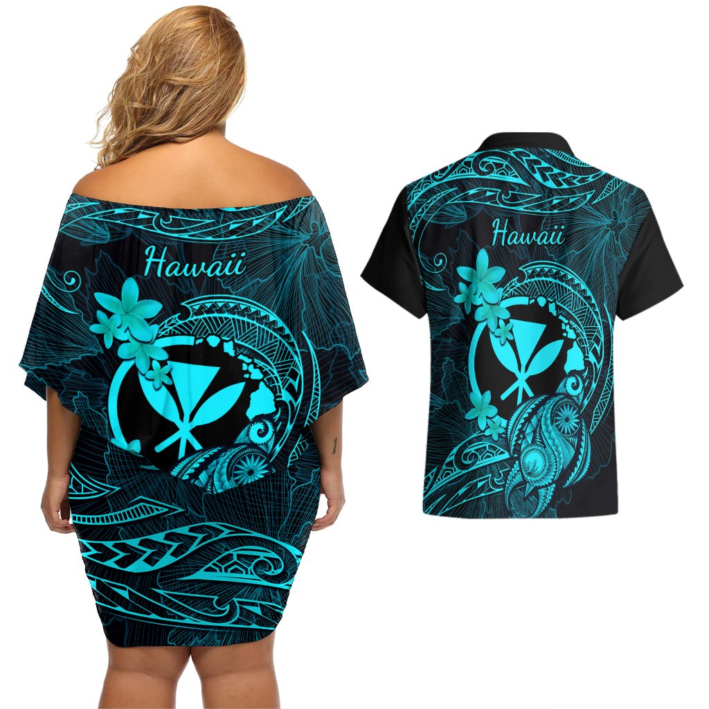 hawaii-couples-matching-off-shoulder-short-dress-and-hawaiian-shirt-turtle-mix-polynesian-plumeria-turquoise-version