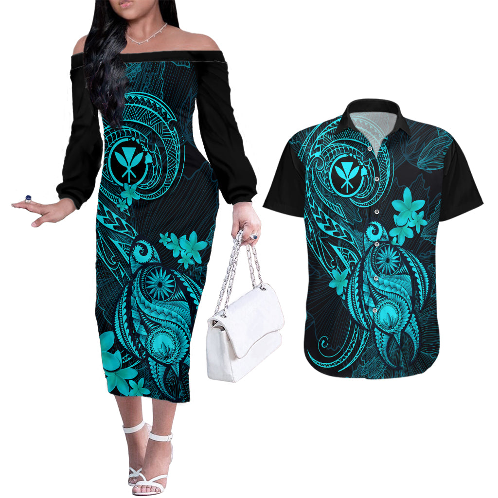 Hawaii Couples Matching Off The Shoulder Long Sleeve Dress and Hawaiian Shirt Turtle Mix Polynesian Plumeria Turquoise Version LT14 Turquoise - Polynesian Pride