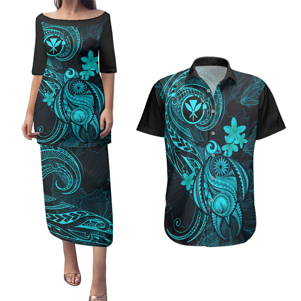Hawaii Couples Matching Puletasi Dress and Hawaiian Shirt Turtle Mix Polynesian Plumeria Turquoise Version LT14 Turquoise - Polynesian Pride