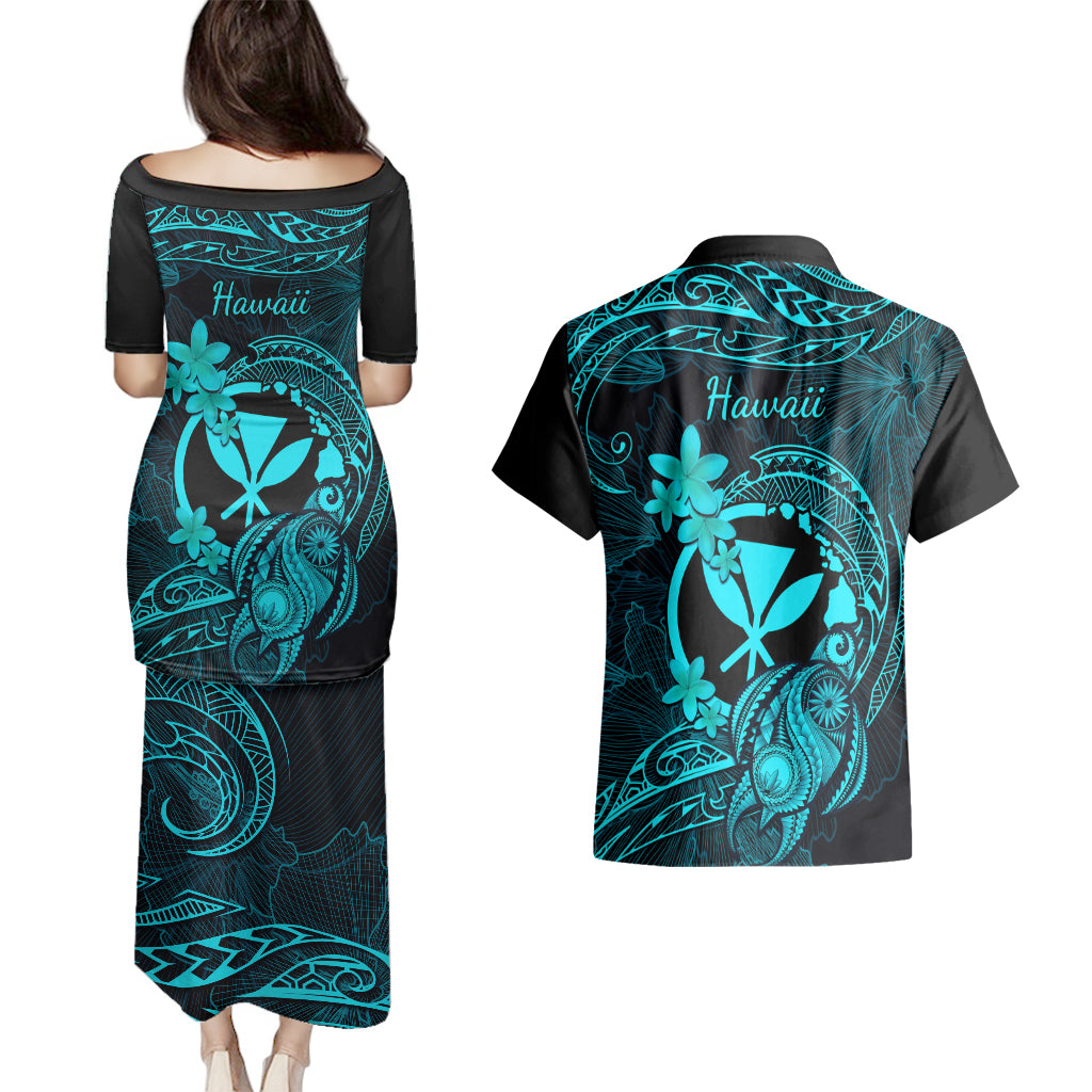Hawaii Couples Matching Puletasi Dress and Hawaiian Shirt Turtle Mix Polynesian Plumeria Turquoise Version LT14 - Polynesian Pride