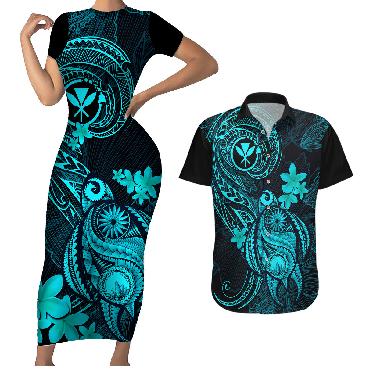 Hawaii Couples Matching Short Sleeve Bodycon Dress and Hawaiian Shirt Turtle Mix Polynesian Plumeria Turquoise Version LT14 Turquoise - Polynesian Pride