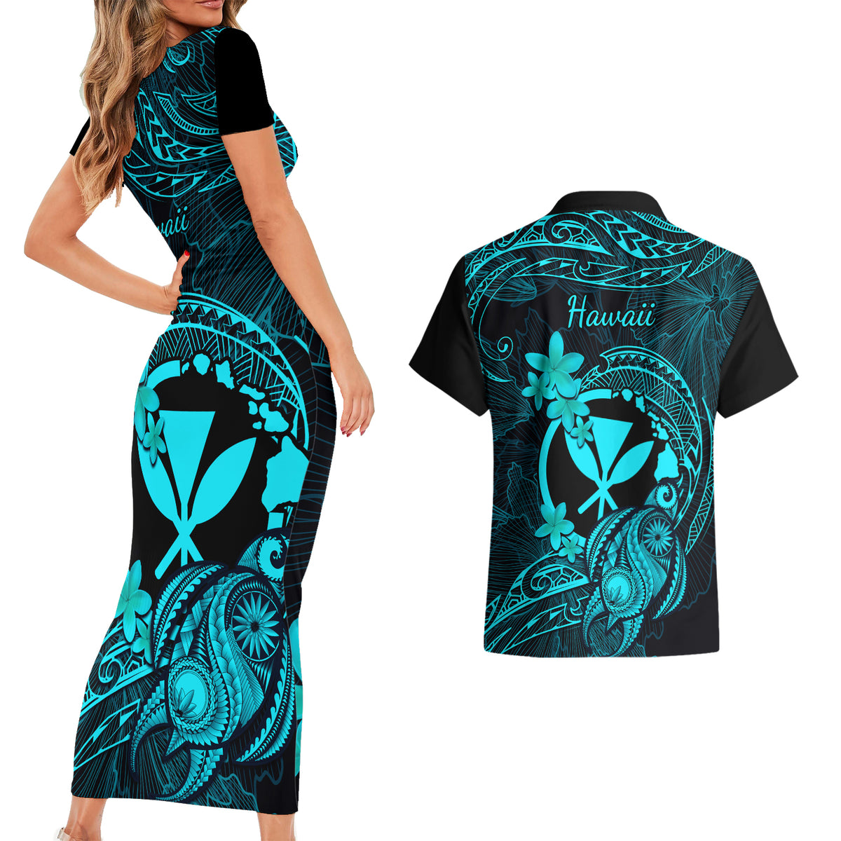 Hawaii Couples Matching Short Sleeve Bodycon Dress and Hawaiian Shirt Turtle Mix Polynesian Plumeria Turquoise Version LT14 - Polynesian Pride