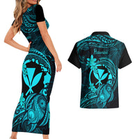 Hawaii Couples Matching Short Sleeve Bodycon Dress and Hawaiian Shirt Turtle Mix Polynesian Plumeria Turquoise Version LT14 - Polynesian Pride