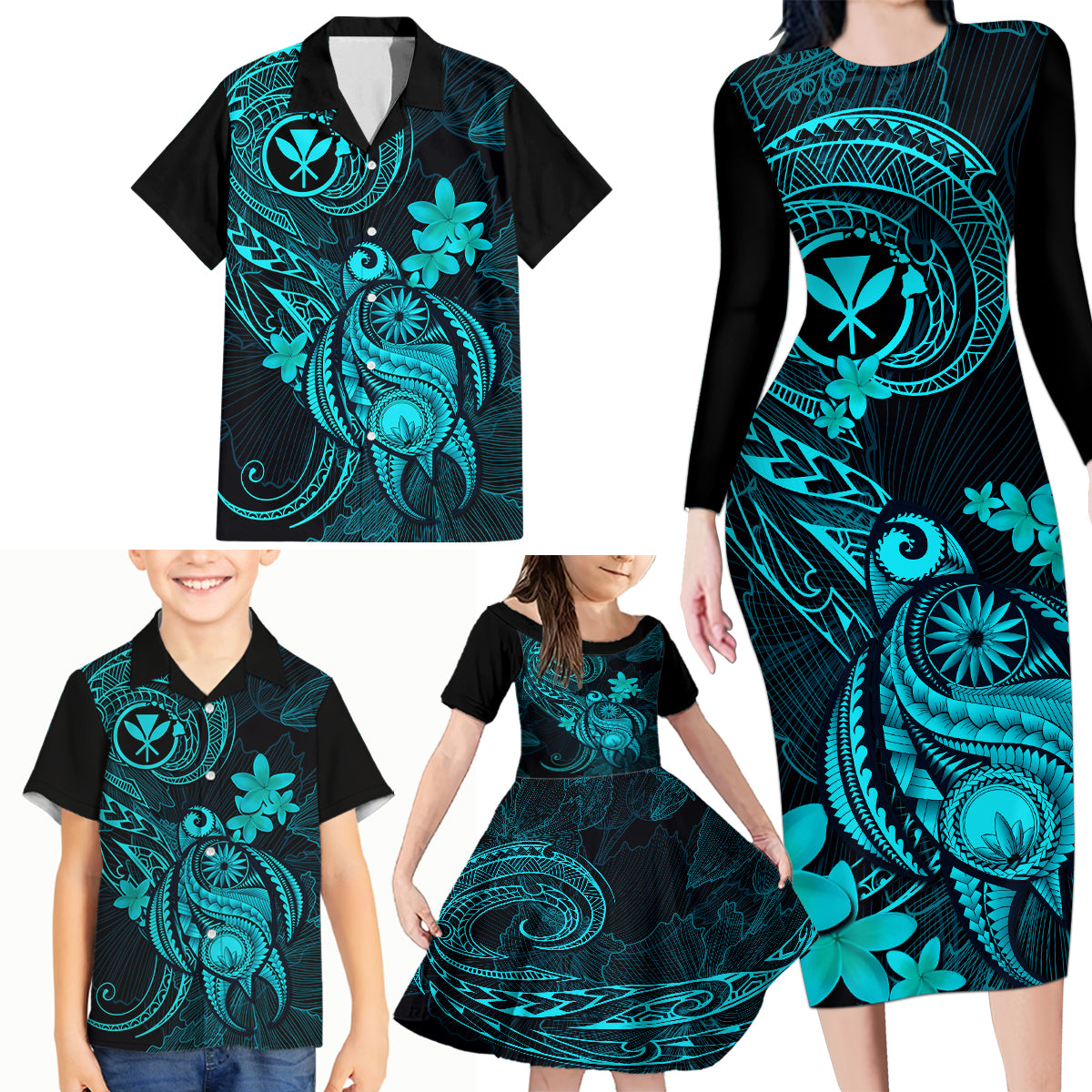 Hawaii Family Matching Long Sleeve Bodycon Dress and Hawaiian Shirt Turtle Mix Polynesian Plumeria Turquoise Version LT14 - Polynesian Pride