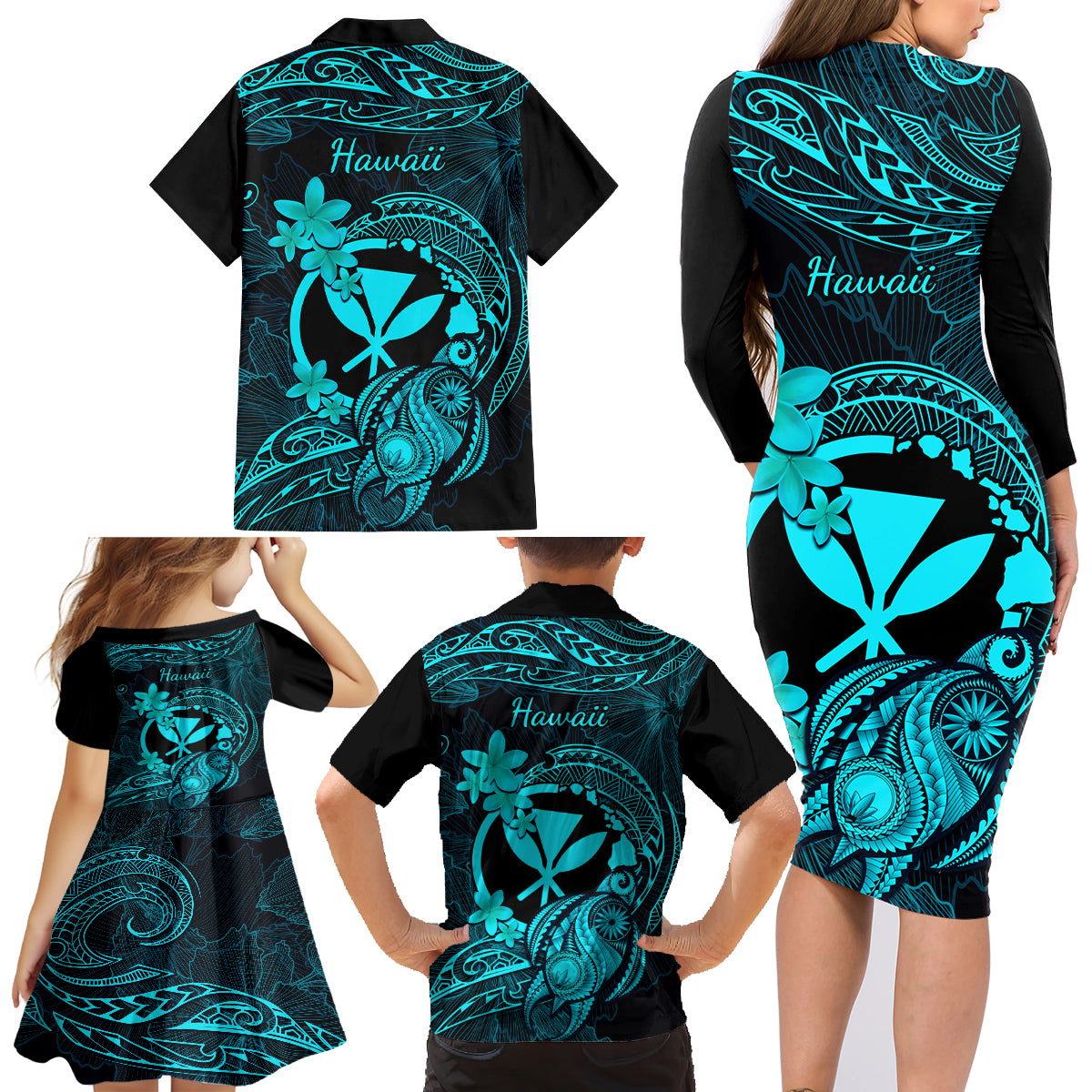 Hawaii Family Matching Long Sleeve Bodycon Dress and Hawaiian Shirt Turtle Mix Polynesian Plumeria Turquoise Version LT14 - Polynesian Pride