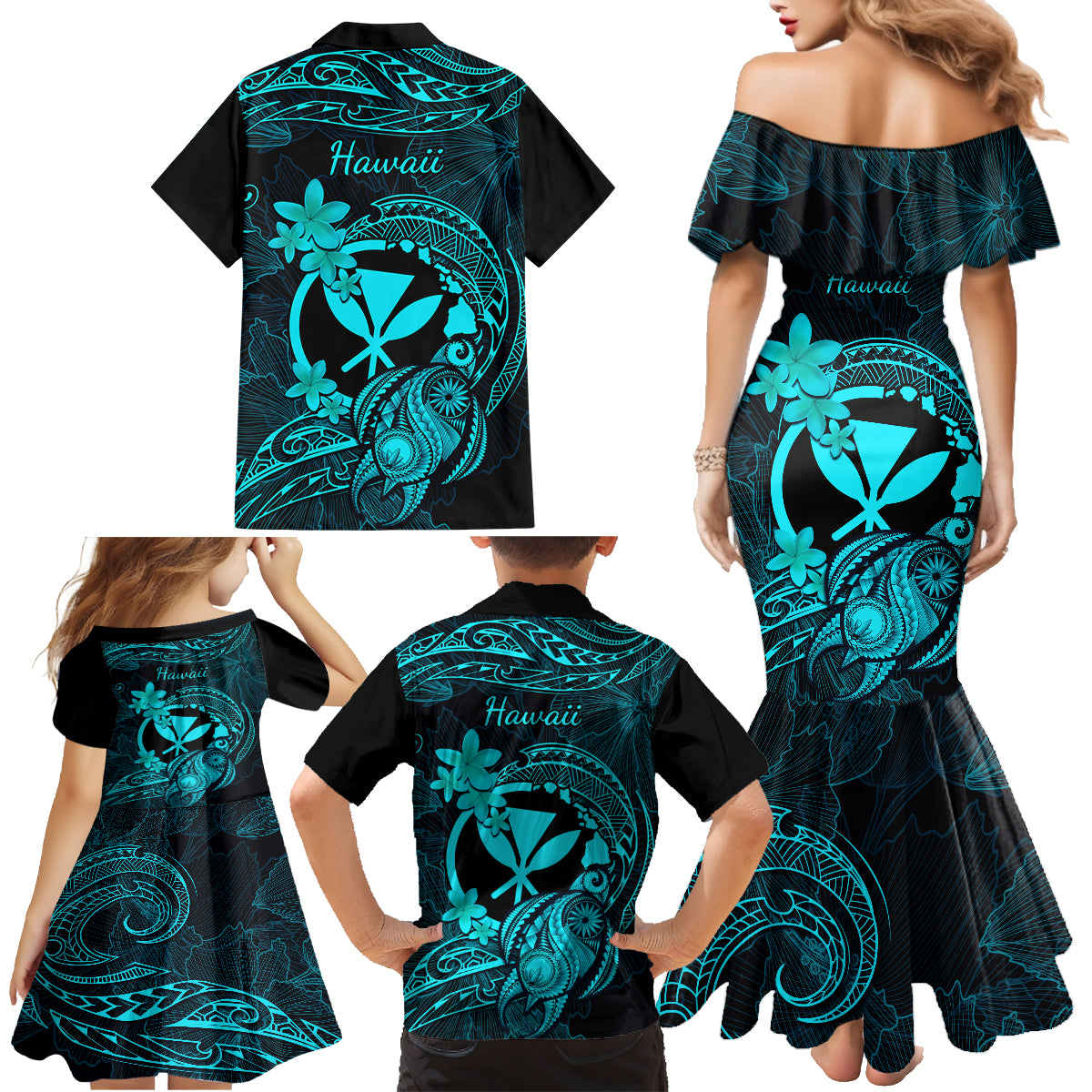 Hawaii Family Matching Mermaid Dress and Hawaiian Shirt Turtle Mix Polynesian Plumeria Turquoise Version LT14 - Polynesian Pride