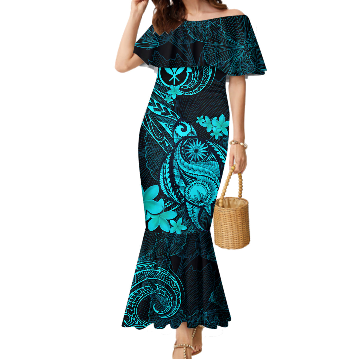 Hawaii Family Matching Mermaid Dress and Hawaiian Shirt Turtle Mix Polynesian Plumeria Turquoise Version LT14 Mom's Dress Turquoise - Polynesian Pride