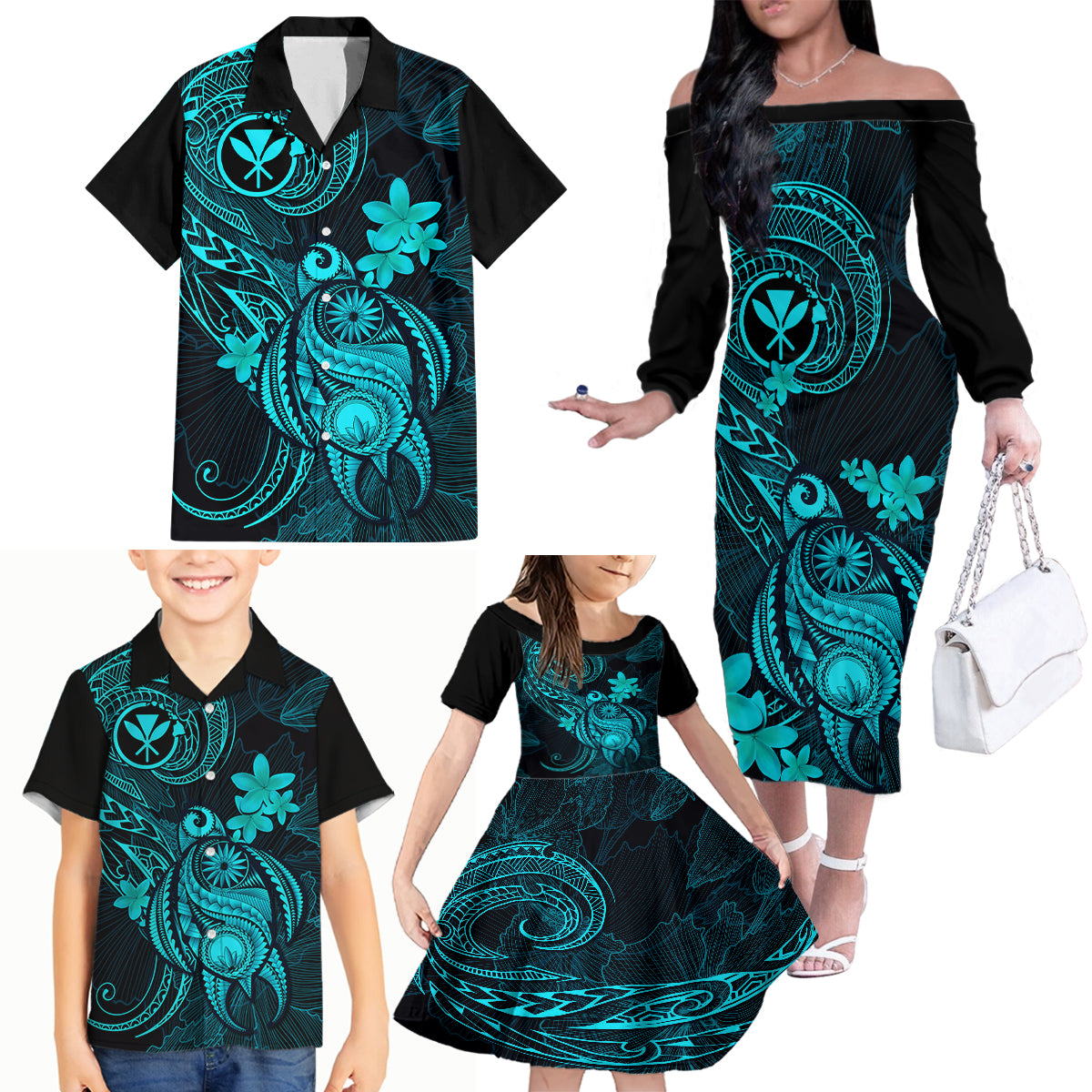 Hawaii Family Matching Off Shoulder Long Sleeve Dress and Hawaiian Shirt Turtle Mix Polynesian Plumeria Turquoise Version LT14 - Polynesian Pride