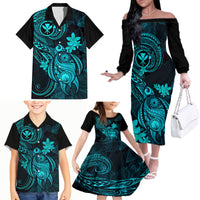 Hawaii Family Matching Off Shoulder Long Sleeve Dress and Hawaiian Shirt Turtle Mix Polynesian Plumeria Turquoise Version LT14 - Polynesian Pride