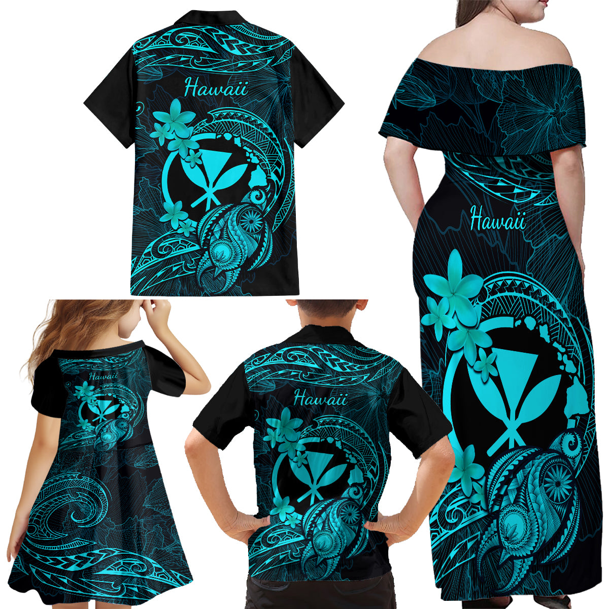 Hawaii Family Matching Off Shoulder Long Sleeve Dress and Hawaiian Shirt Turtle Mix Polynesian Plumeria Turquoise Version LT14 - Polynesian Pride