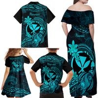 Hawaii Family Matching Off Shoulder Long Sleeve Dress and Hawaiian Shirt Turtle Mix Polynesian Plumeria Turquoise Version LT14 - Polynesian Pride