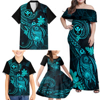 Hawaii Family Matching Off Shoulder Maxi Dress and Hawaiian Shirt Turtle Mix Polynesian Plumeria Turquoise Version LT14 - Polynesian Pride