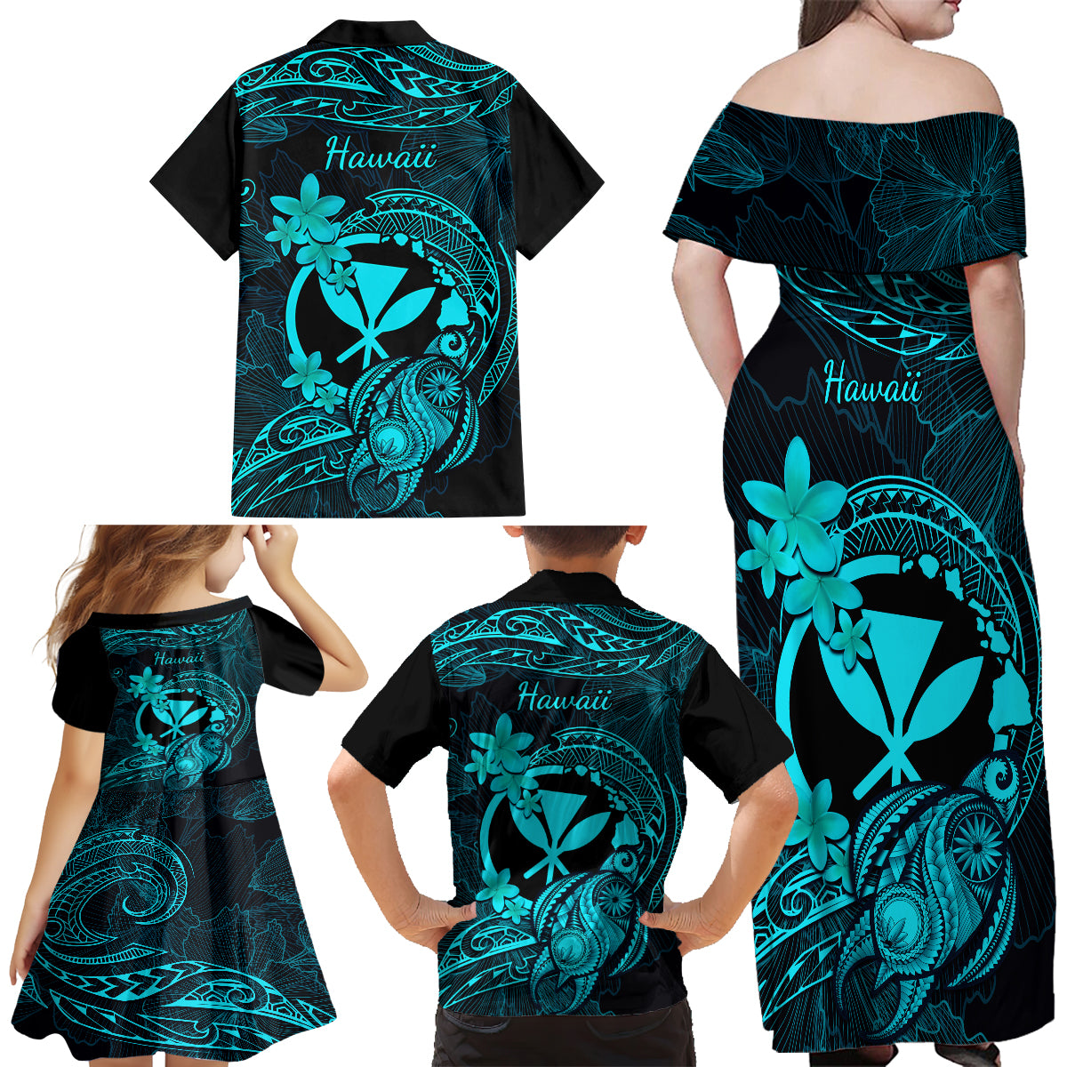 Hawaii Family Matching Off Shoulder Maxi Dress and Hawaiian Shirt Turtle Mix Polynesian Plumeria Turquoise Version LT14 - Polynesian Pride