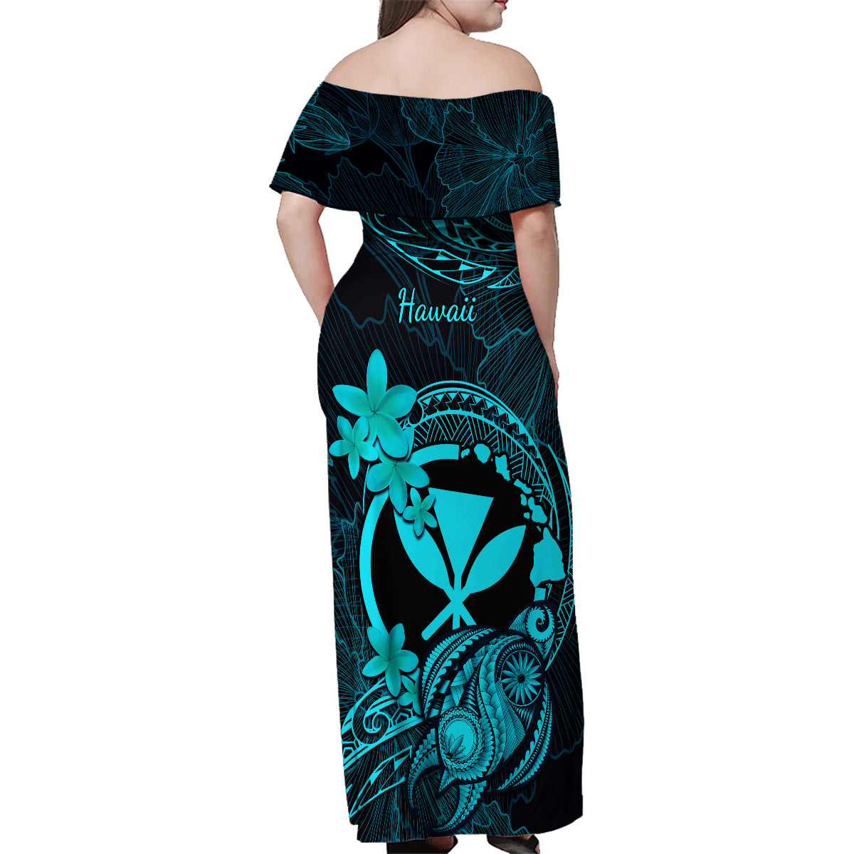 Hawaii Family Matching Off Shoulder Maxi Dress and Hawaiian Shirt Turtle Mix Polynesian Plumeria Turquoise Version LT14 - Polynesian Pride