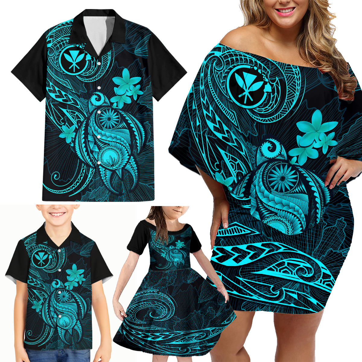 Hawaii Family Matching Off Shoulder Short Dress and Hawaiian Shirt Turtle Mix Polynesian Plumeria Turquoise Version LT14 - Polynesian Pride