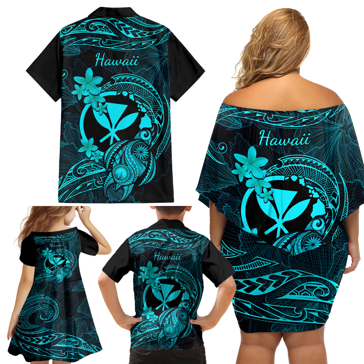 Hawaii Family Matching Off Shoulder Short Dress and Hawaiian Shirt Turtle Mix Polynesian Plumeria Turquoise Version LT14 - Polynesian Pride