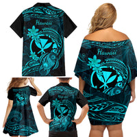 Hawaii Family Matching Off Shoulder Short Dress and Hawaiian Shirt Turtle Mix Polynesian Plumeria Turquoise Version LT14 - Polynesian Pride