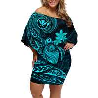 Hawaii Family Matching Off Shoulder Short Dress and Hawaiian Shirt Turtle Mix Polynesian Plumeria Turquoise Version LT14 Mom's Dress Turquoise - Polynesian Pride