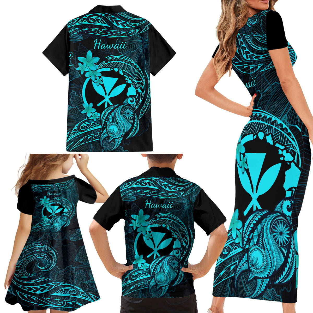 Hawaii Family Matching Short Sleeve Bodycon Dress and Hawaiian Shirt Turtle Mix Polynesian Plumeria Turquoise Version LT14 - Polynesian Pride