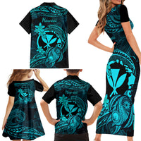 Hawaii Family Matching Short Sleeve Bodycon Dress and Hawaiian Shirt Turtle Mix Polynesian Plumeria Turquoise Version LT14 - Polynesian Pride