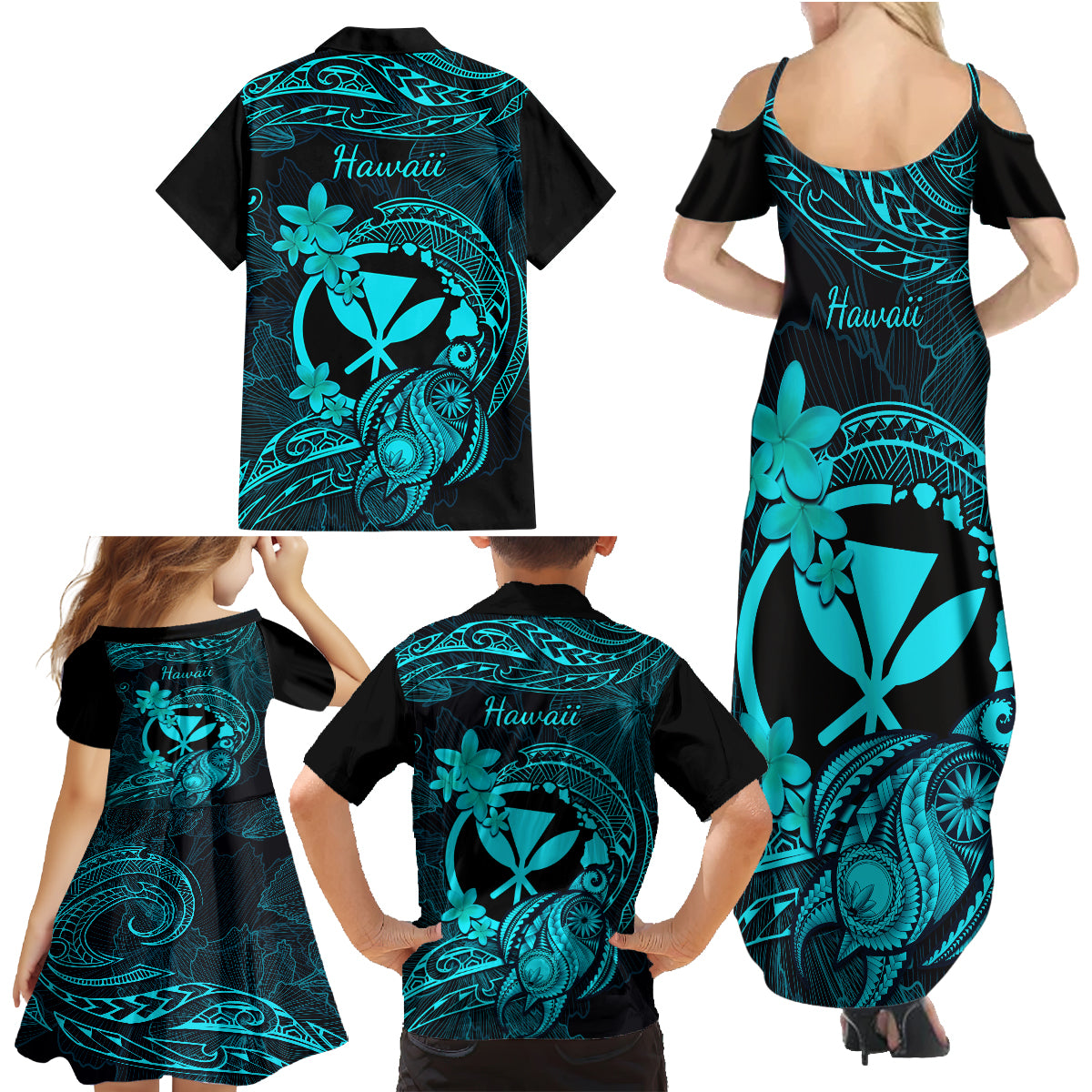 Hawaii Family Matching Summer Maxi Dress and Hawaiian Shirt Turtle Mix Polynesian Plumeria Turquoise Version LT14 - Polynesian Pride