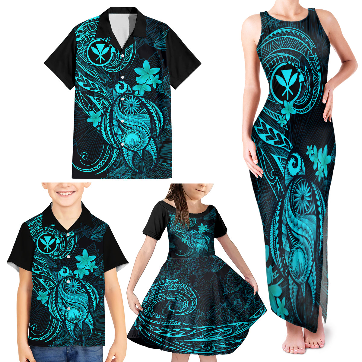 Hawaii Family Matching Tank Maxi Dress and Hawaiian Shirt Turtle Mix Polynesian Plumeria Turquoise Version LT14 - Polynesian Pride