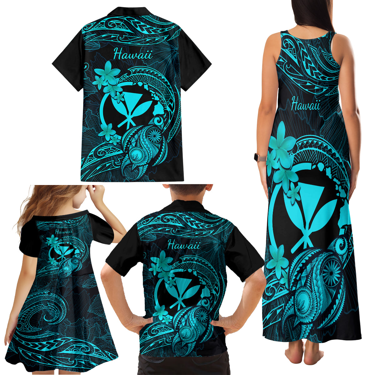 Hawaii Family Matching Tank Maxi Dress and Hawaiian Shirt Turtle Mix Polynesian Plumeria Turquoise Version LT14 - Polynesian Pride