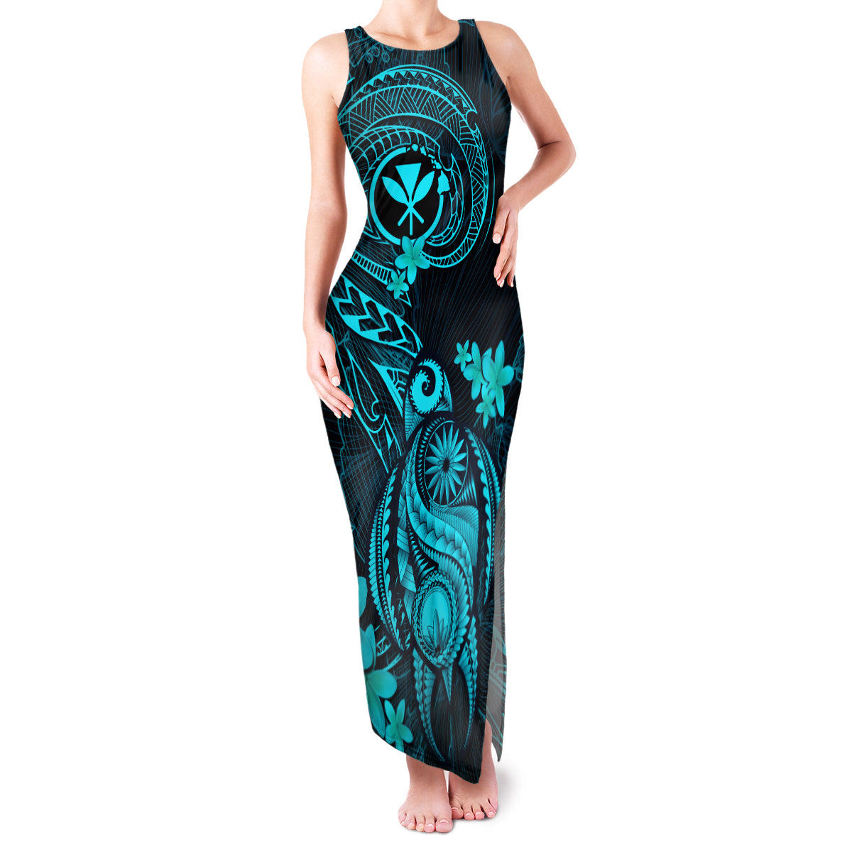 Hawaii Family Matching Tank Maxi Dress and Hawaiian Shirt Turtle Mix Polynesian Plumeria Turquoise Version LT14 Mom's Dress Turquoise - Polynesian Pride